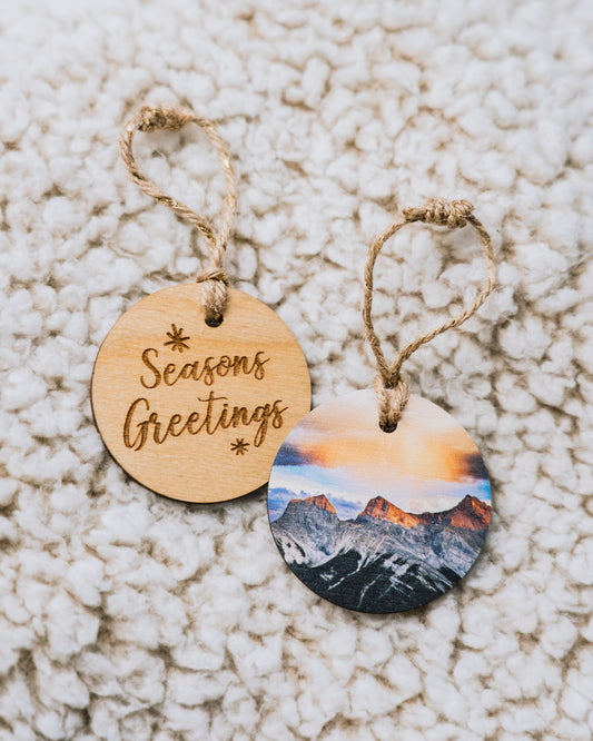 Circle Wooden Holiday Ornament <br> Seasons Greetings <br>Three Sisters Sunrise