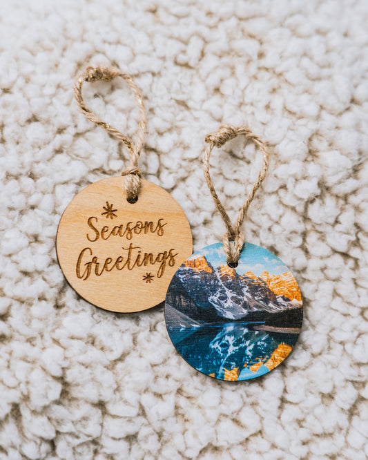 Circle Wooden Holiday Ornament Seasons Greetings Moraine Lake