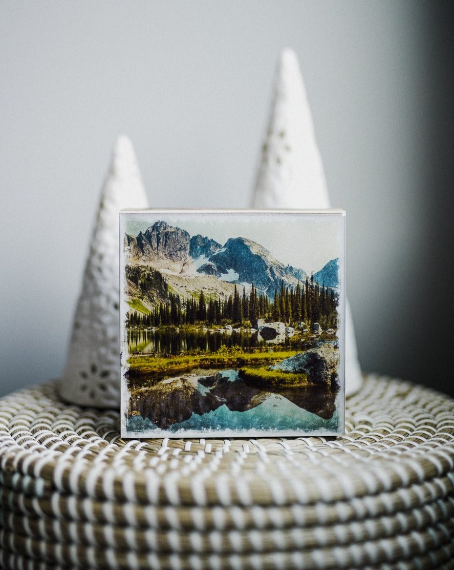 Alpine Lake & Reflections<br> 5x5" Signature Glossy Art Block <br> New Pine Wood Edges