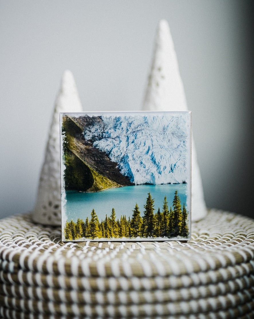 Berg Lake Mount Robson<br> 5x5" Signature Glossy Art Block  <br> New Pine Wood Edges