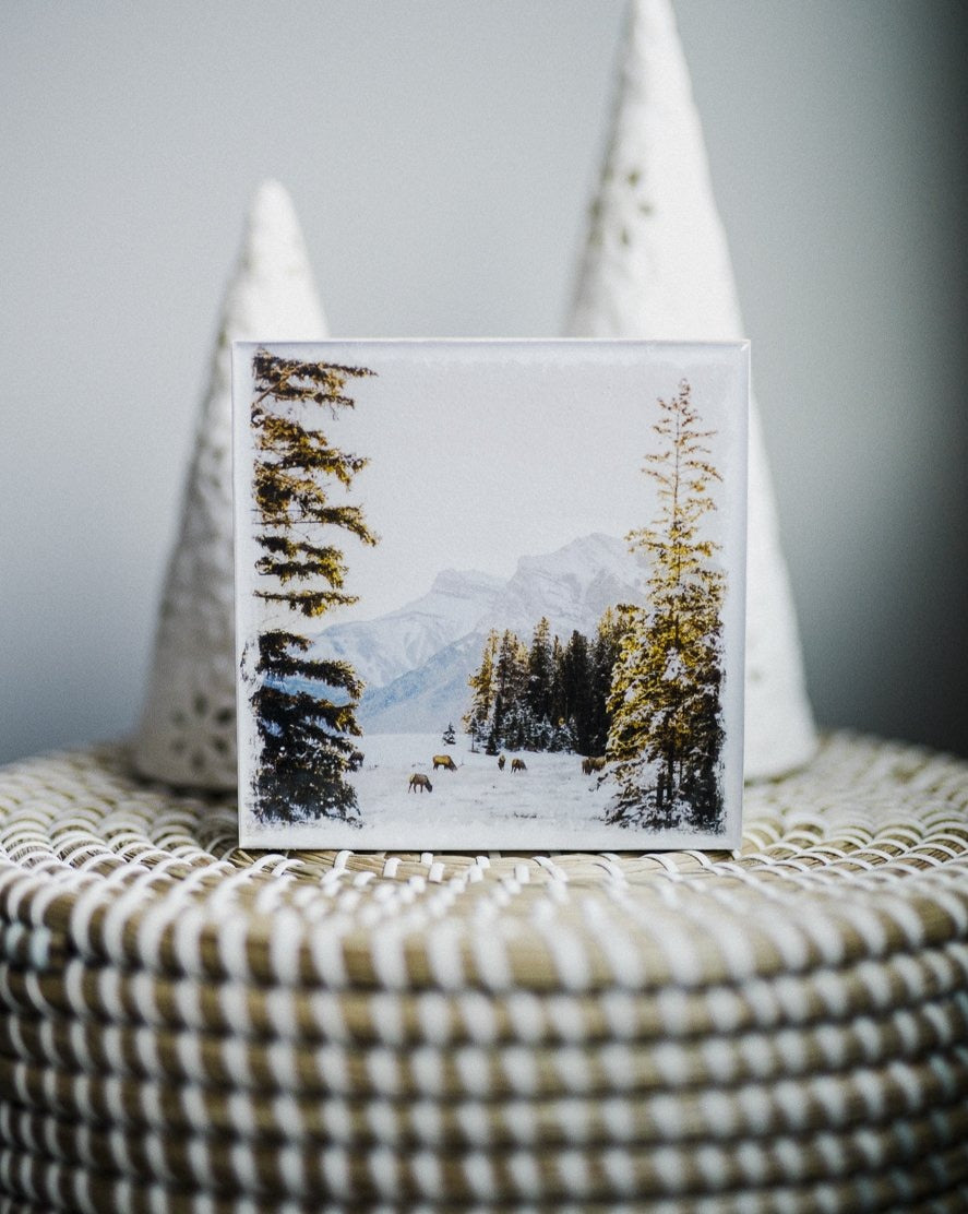 Winter Sunrise in Canmore with Elk <br> 5x5" Signature Glossy Art Block  <br> New Pine Wood Edges