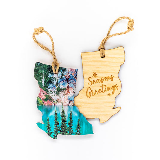 Adorno navideño de madera de Columbia Británica Saludos de las estaciones Lago Glacial