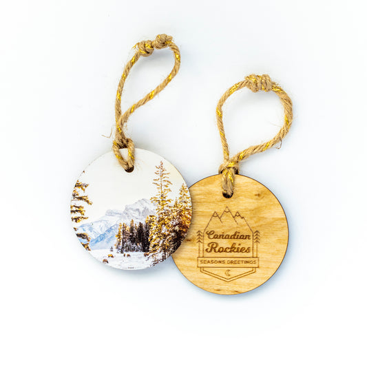 Adorno navideño circular de madera Montañas Rocosas Canadienses