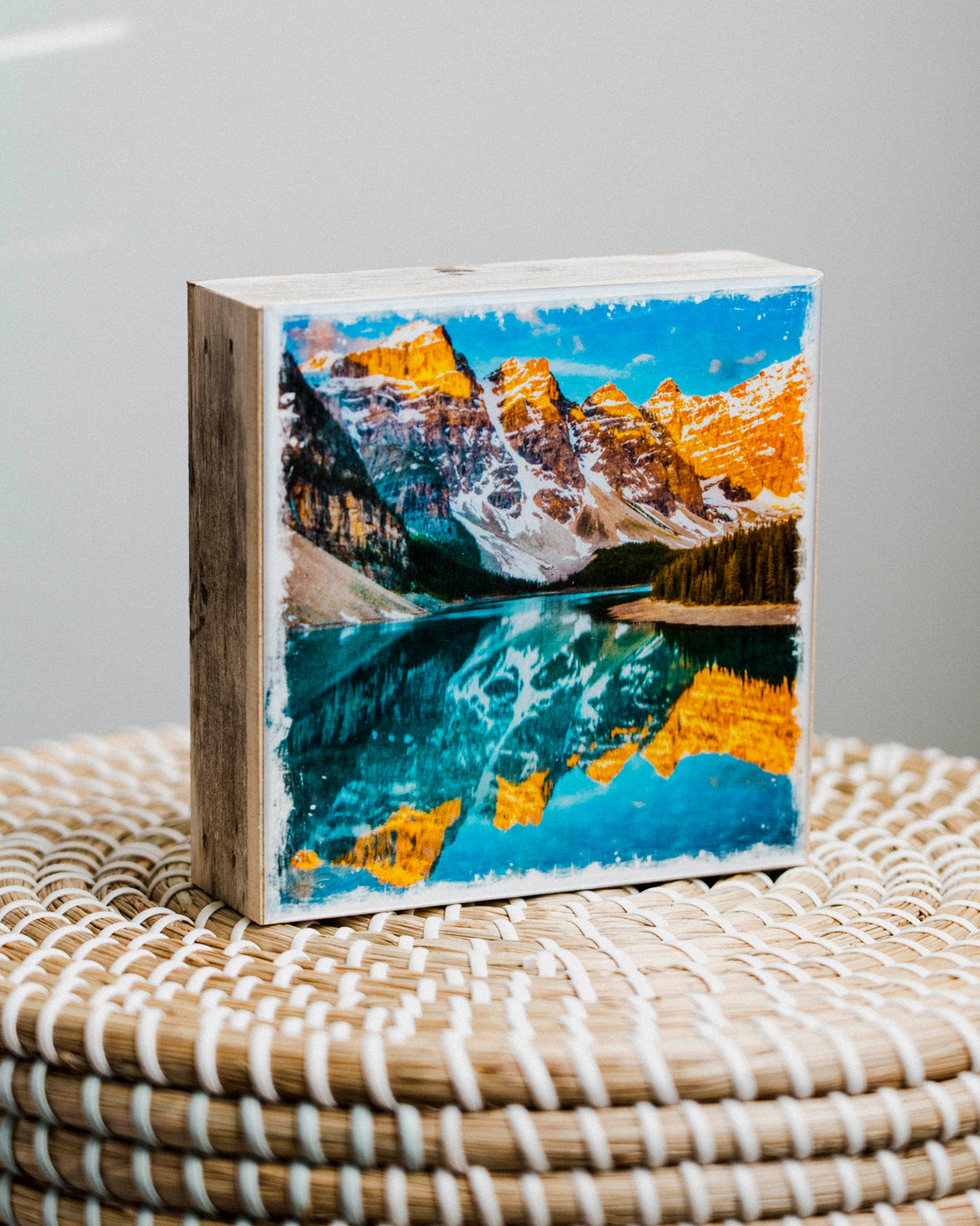 Moraine Lake Sunrise <br> 5x5" Signature Glossy Art Block  <br> Rustic Barn Wood Edges