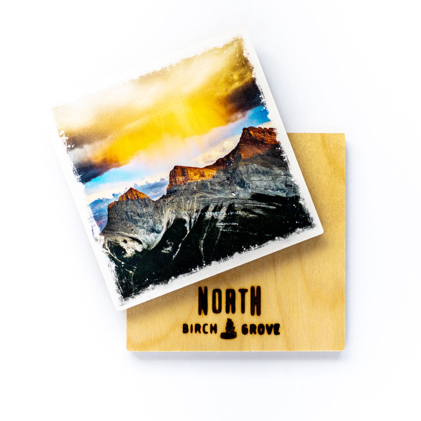 Three Sisters Mountains Birch Wood Photo Coaster