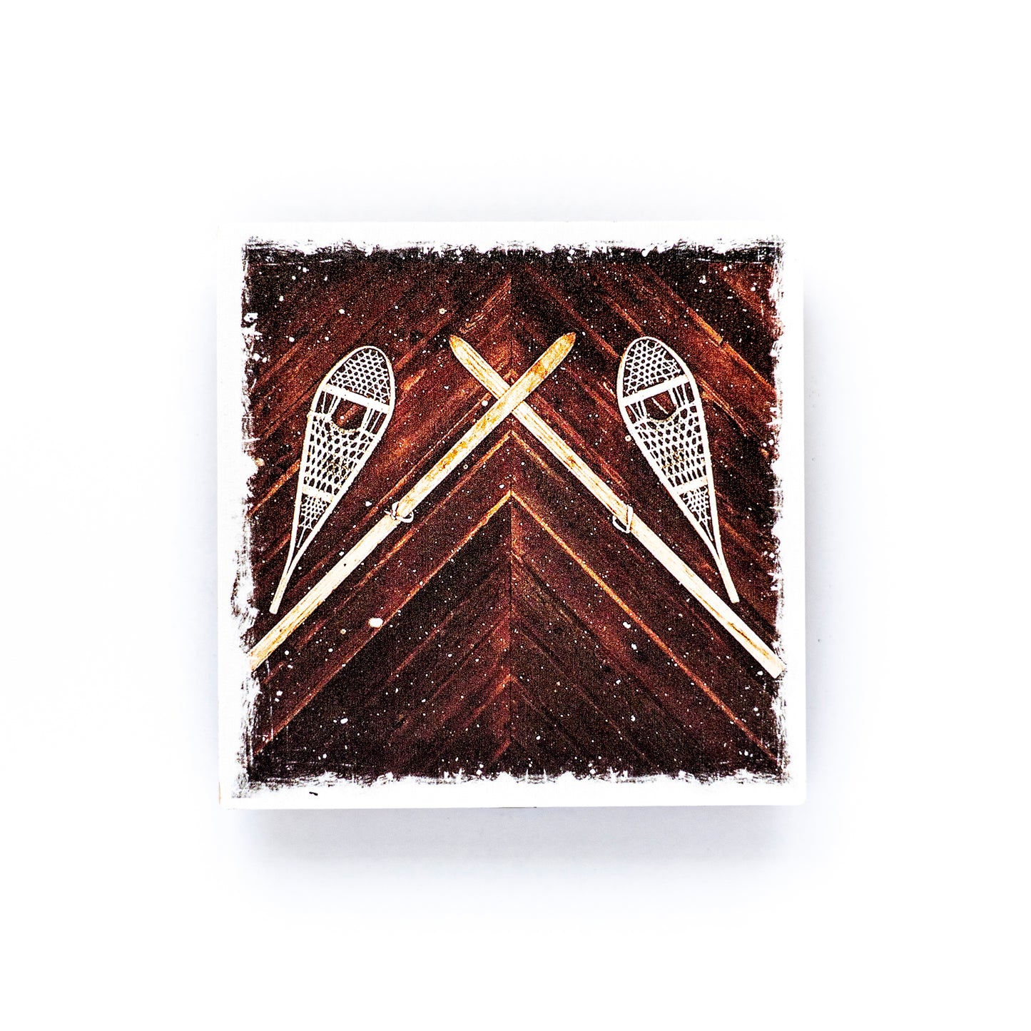 Vintage Snowshoes & Skis on Log Cabin Birch Wood Photo Coaster
