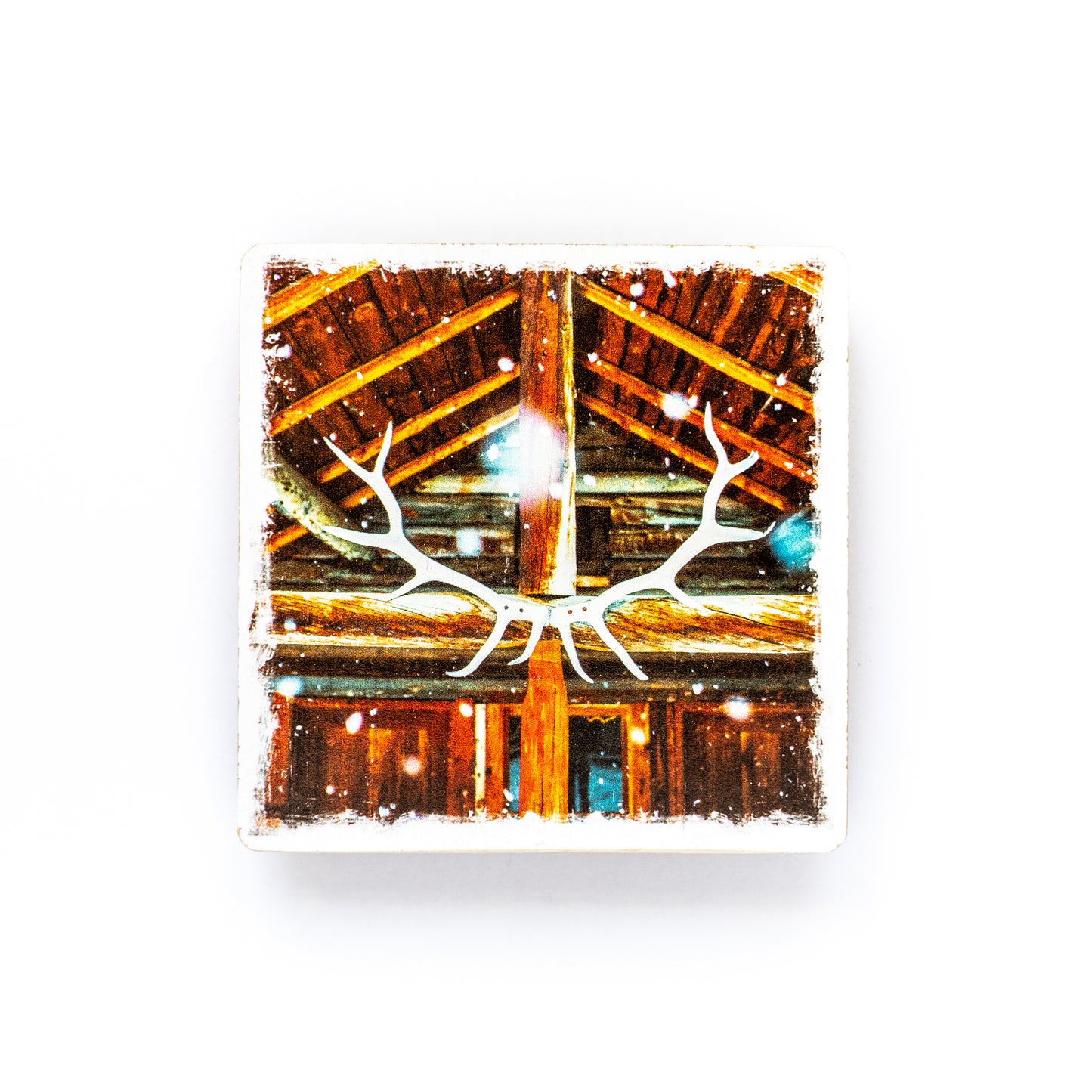 Posavasos con fotografías de madera de abedul del Parque Nacional de Banff Log Cabin & Elk Rack