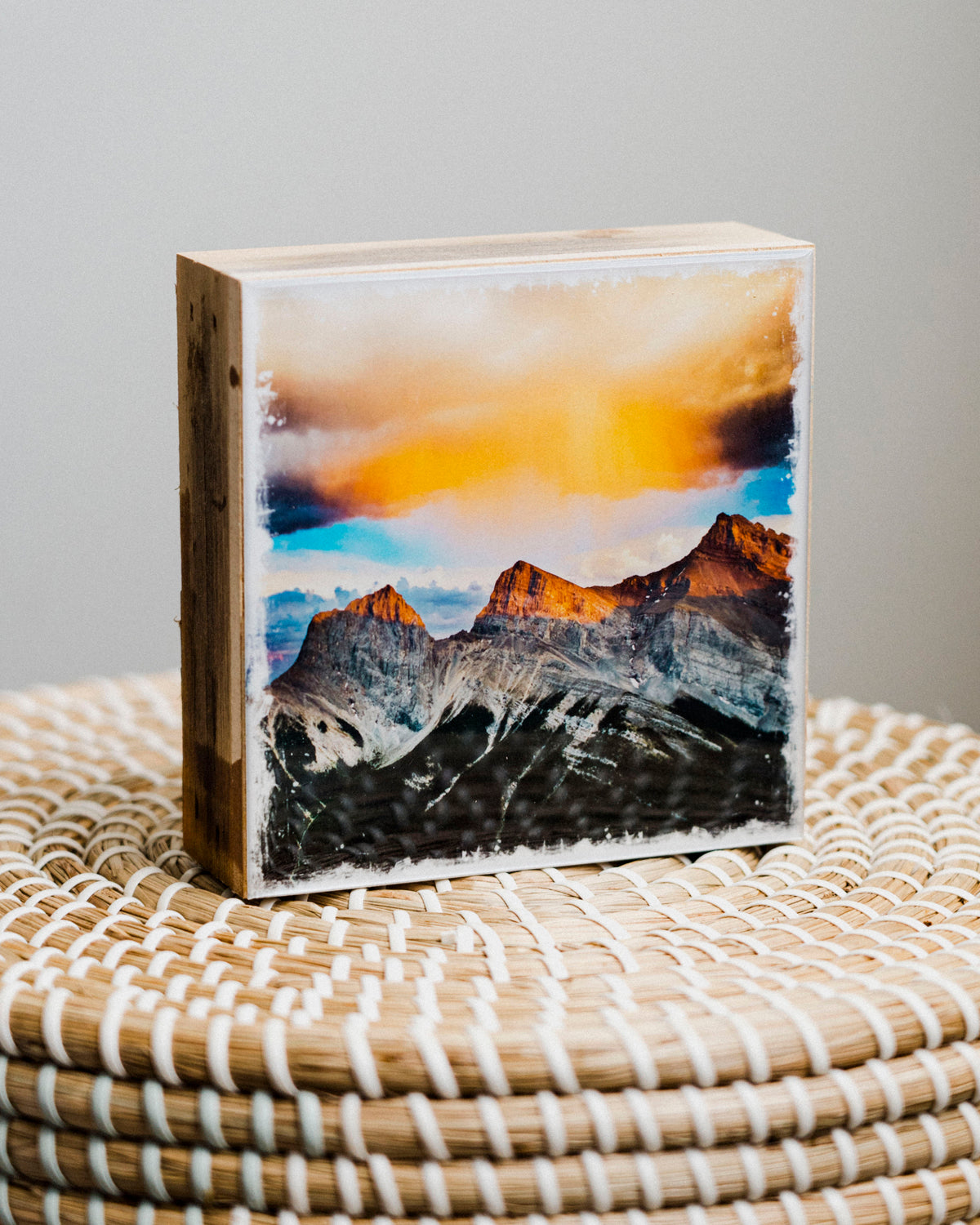 Three Sisters Mountains Sunset <br> 5x5" Signature Glossy Art Block <br> Rustic Barn Wood Edges