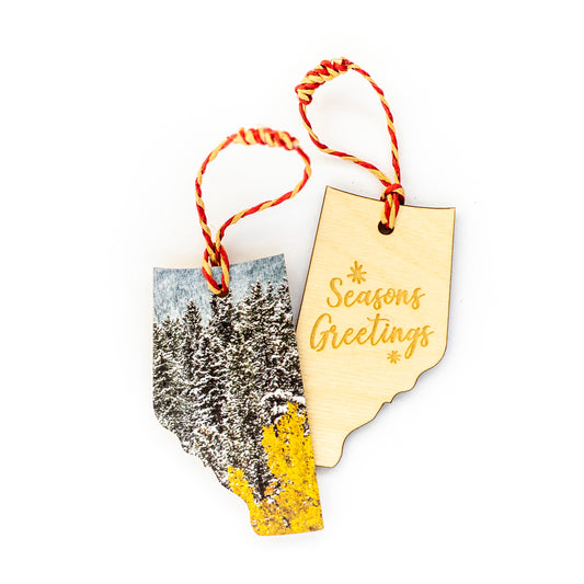 Alberta Wooden Holiday Ornament Seasons Greetings Snowy Aspens