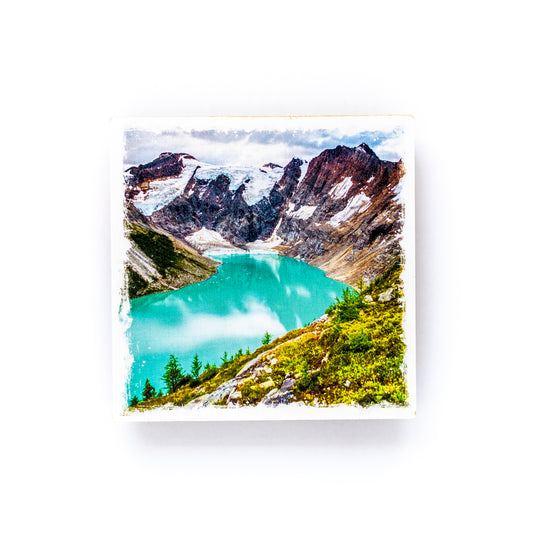 Posavasos con fotografías de madera de abedul Lago glacial en la Columbia Británica