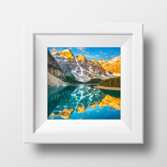 VENTA Impresión metálica de 8x8"<br> Lago Moraine Primavera Amanecer Parque Nacional Banff